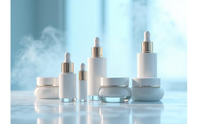 세련된 화장품과 스킨케어 제품이 깔끔하게 정리된 쇼케이스