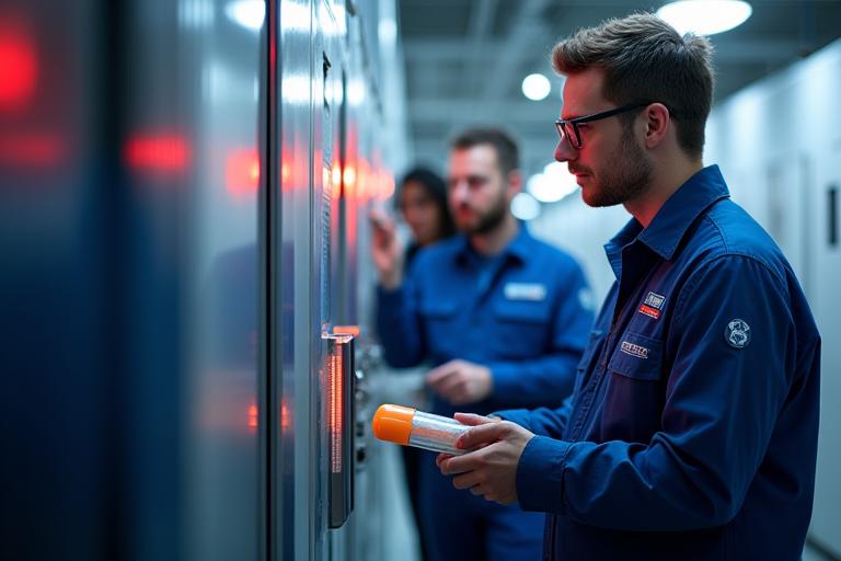 긴급상황 대응팀이 콜드체인 시설에서 장비와 함께 신속하게 움직이는 모습