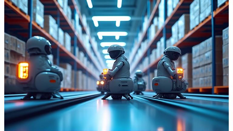 로봇이 바코드를 스캔하며 상품을 피킹하고 분류하는 스마트 창고의 모습