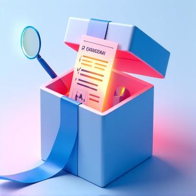 돋보기와 체크리스트가 있는 선물 상자 아이콘으로, 무료 진단 및 체험의 의미를 표현