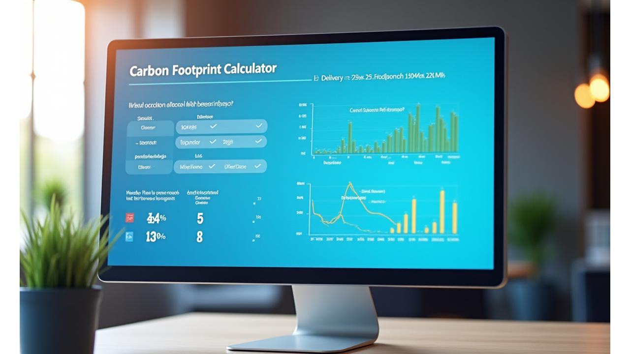 모니터 화면에 탄소 발자국 계산기 인터페이스가 시각화되어 있고, 통계 그래프가 함께 표시됨