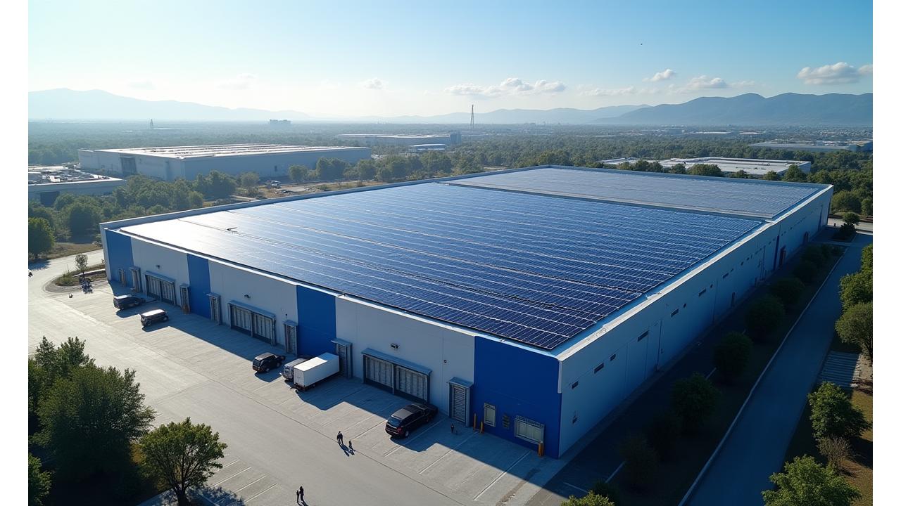 태양광 패널이 설치된 현대적인 물류 창고 지붕, 드론 시점