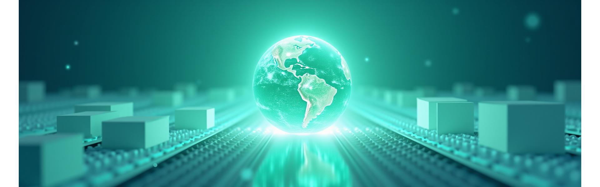 친환경 물류를 상징하는 푸른 지구를 감싸는 듯한 깨끗한 컨베이어 벨트와 포장재