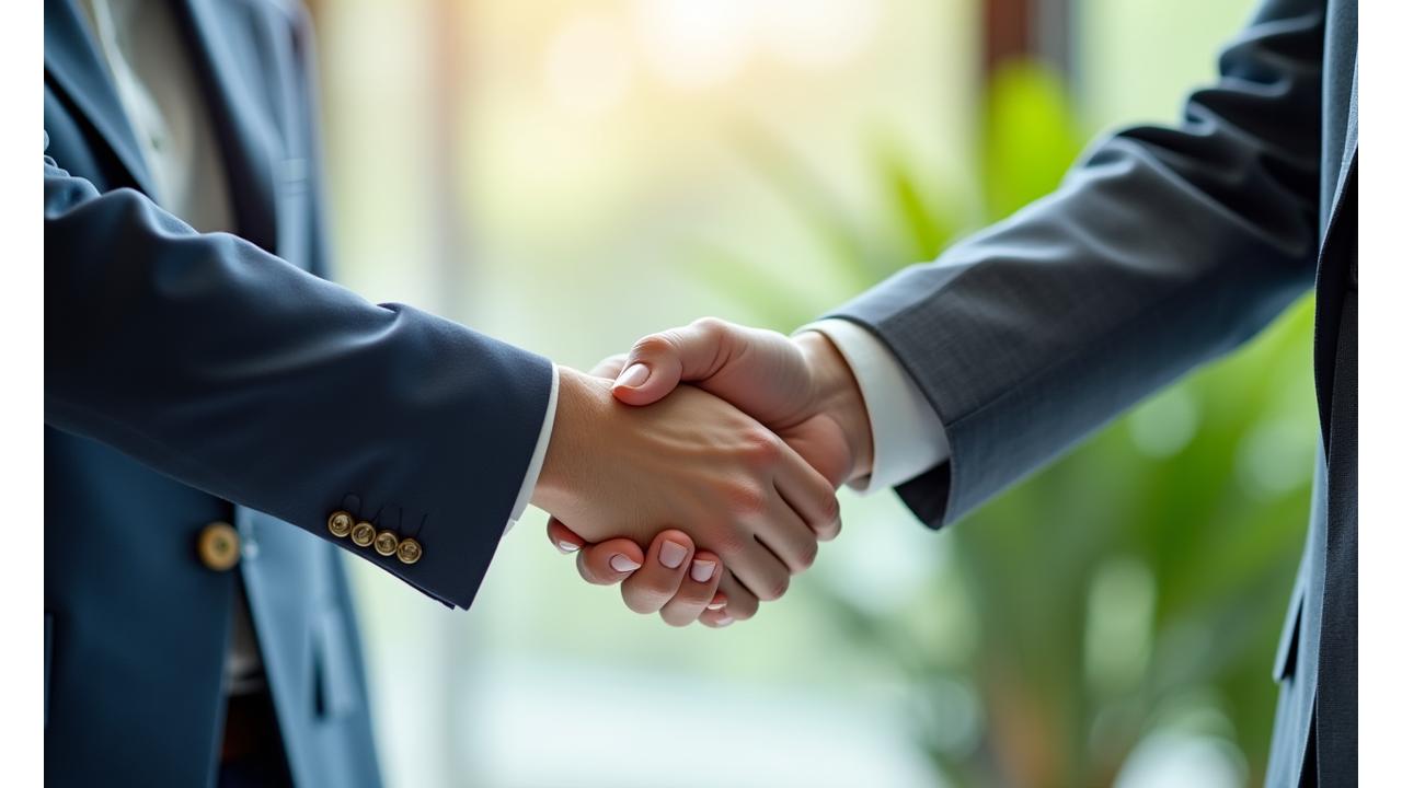두 사람이 친환경적인 배경에서 악수하는 모습, 비즈니스 협력 상징