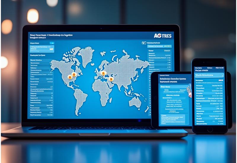 물류 모니터링 대시보드가 노트북과 태블릿, 스마트폰에 동시에 보이는 이미지. 글로벌 지도 위에 화물 경로가 실시간으로 움직이며, 상태 업데이트, 예상 도착 시간 등 주요 정보가 명확하게 표시됩니다. 반응형 UI/UX 디자인으로 기술 혁신을 강조.