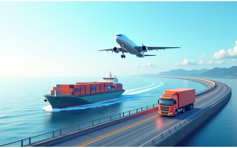 컨테이너 선박, 화물기, 트럭이 유기적으로 연결되어 이동하는 모습을 3D로 시뮬레이션한 이미지. 다양한 운송 수단 간의 원활한 연결과 최적화된 물류 흐름을 보여줍니다. 현대적이고 기술적인 느낌으로, 통합 물류 솔루션을 강조합니다.