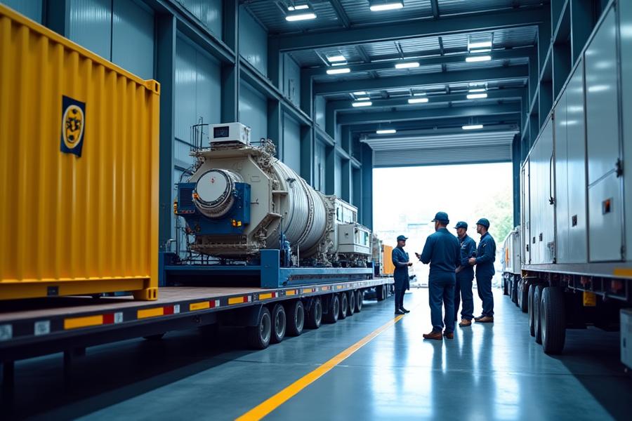 다양한 종류의 특수 화물(예: 위험 물질 컨테이너, 온도 조절 컨테이너, 대형 기계류)이 현대적인 물류 창고 또는 운송 허브에 안전하게 관리되고 있는 장면. 전문 인력이 장비를 다루거나 안전 점검을 하는 모습이 포함되어 Hwatae Logistics의 전문성과 신뢰성을 전달합니다.