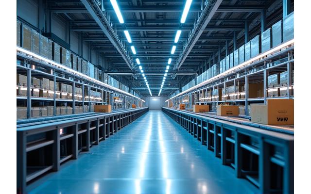 자동화 로봇과 설비가 작동하는 스마트 창고 내부 전경