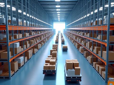 이커머스 물류 창고에서 로봇이 상품을 분류하고 포장하는 모습