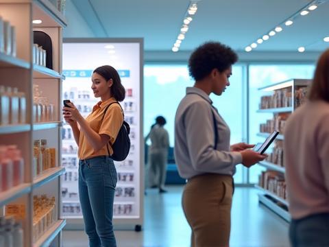 현대적인 소매점에서 옴니채널 재고 관리 시스템을 확인하는 직원